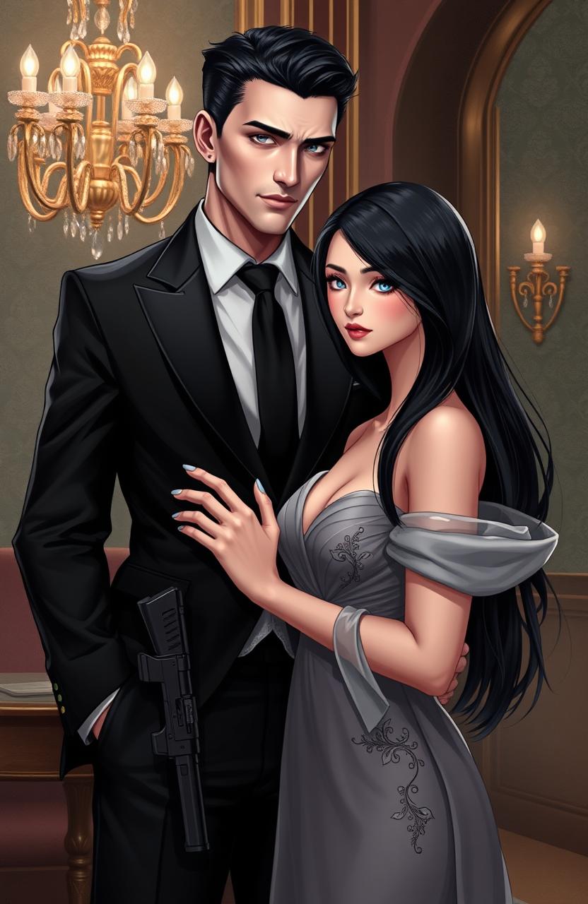 A hyper-realistic illustration of a dark romance scene featuring a handsome bodyguard and a beautiful heiress