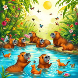 A whimsical scene depicting capybaras engaging in various adventures in a lush jungle setting