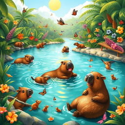 A whimsical scene depicting capybaras engaging in various adventures in a lush jungle setting