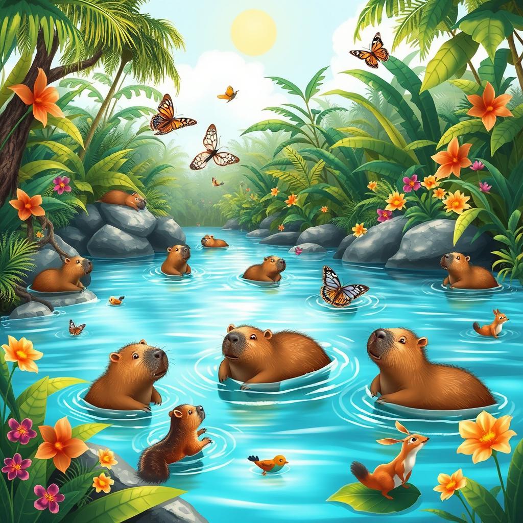 A whimsical scene depicting capybaras engaging in various adventures in a lush jungle setting