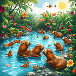 A whimsical scene depicting capybaras engaging in various adventures in a lush jungle setting
