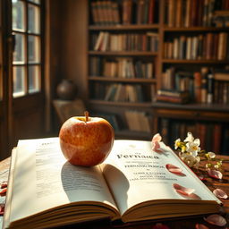 An exquisite, ripe apple resting on an open book of Fernando Pessoa's poetry, surrounded by soft sunlight filtering through a window, casting gentle shadows