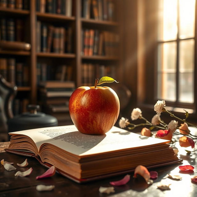 An exquisite, ripe apple resting on an open book of Fernando Pessoa's poetry, surrounded by soft sunlight filtering through a window, casting gentle shadows