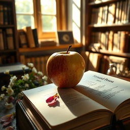 An exquisite, ripe apple resting on an open book of Fernando Pessoa's poetry, surrounded by soft sunlight filtering through a window, casting gentle shadows
