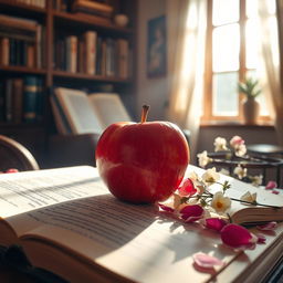 An exquisite, ripe apple resting on an open book of Fernando Pessoa's poetry, surrounded by soft sunlight filtering through a window, casting gentle shadows