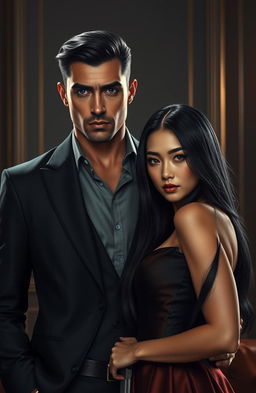 A hyper-realistic portrayal of a dark romance scene featuring a bodyguard and an heiress