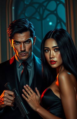 A hyper-realistic portrayal of a dark romance scene featuring a bodyguard and an heiress