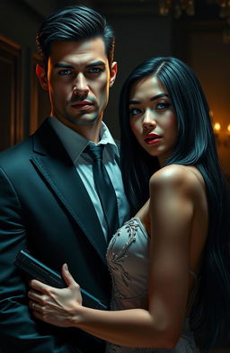 A hyper-realistic portrayal of a dark romance scene featuring a bodyguard and an heiress