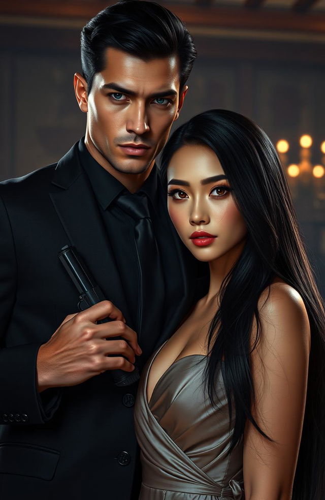 A hyper-realistic portrayal of a dark romance scene featuring a bodyguard and an heiress