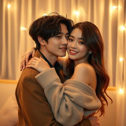 A romantic scene featuring Jungkook from BTS posing intimately with a beautiful girl