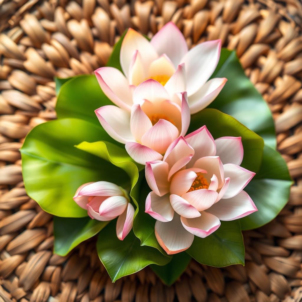A beautiful arrangement of lotus flowers, colored in soft light pink and gentle green hues, positioned harmoniously against an intricate background that features rich textures of rattan and teak wood