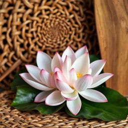 A beautiful arrangement of lotus flowers, colored in soft light pink and gentle green hues, positioned harmoniously against an intricate background that features rich textures of rattan and teak wood