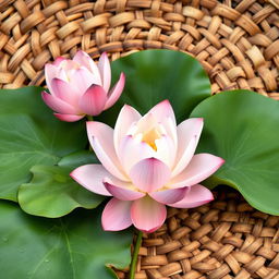 A beautiful arrangement of lotus flowers, colored in soft light pink and gentle green hues, positioned harmoniously against an intricate background that features rich textures of rattan and teak wood