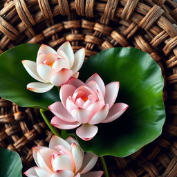 A beautiful arrangement of lotus flowers, colored in soft light pink and gentle green hues, positioned harmoniously against an intricate background that features rich textures of rattan and teak wood