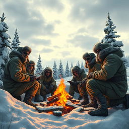 A group of soldiers enduring a harsh winter in a military camp, surrounded by snow-covered landscapes
