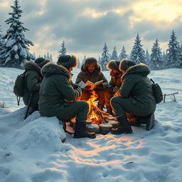 A group of soldiers enduring a harsh winter in a military camp, surrounded by snow-covered landscapes