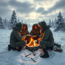 A group of soldiers enduring a harsh winter in a military camp, surrounded by snow-covered landscapes