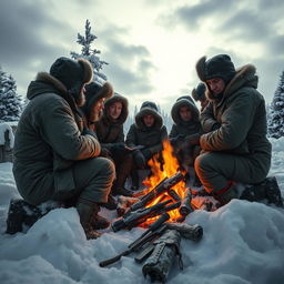 A group of soldiers enduring a harsh winter in a military camp, surrounded by snow-covered landscapes