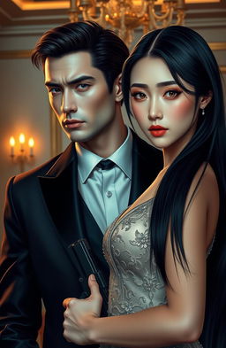 A hyper-realistic image depicting a dark romance between a bodyguard and an heiress