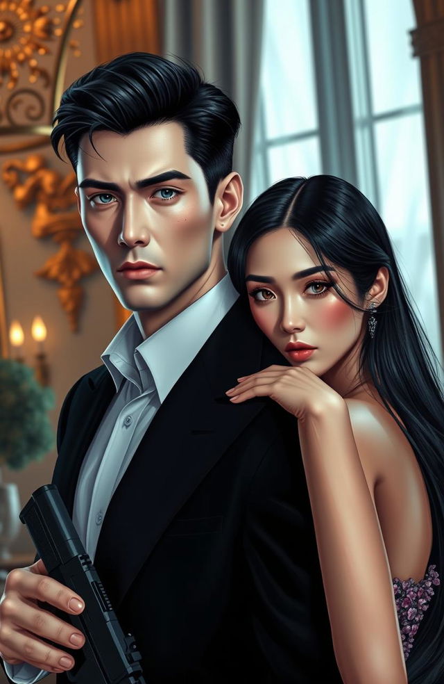 A hyper-realistic image depicting a dark romance between a bodyguard and an heiress