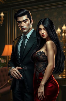 A hyper-realistic image depicting a dark romance between a bodyguard and an heiress