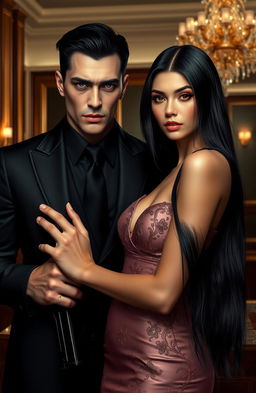 A hyper-realistic image depicting a dark romance between a bodyguard and an heiress