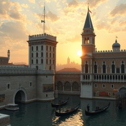 An artistic depiction of the historic defenses of Venice, showcasing the intricate architecture of fortifications, including thick stone walls, battlements, and watchtowers overlooking the canals