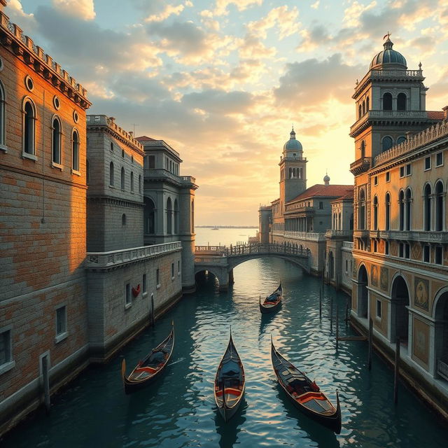 An artistic depiction of the historic defenses of Venice, showcasing the intricate architecture of fortifications, including thick stone walls, battlements, and watchtowers overlooking the canals