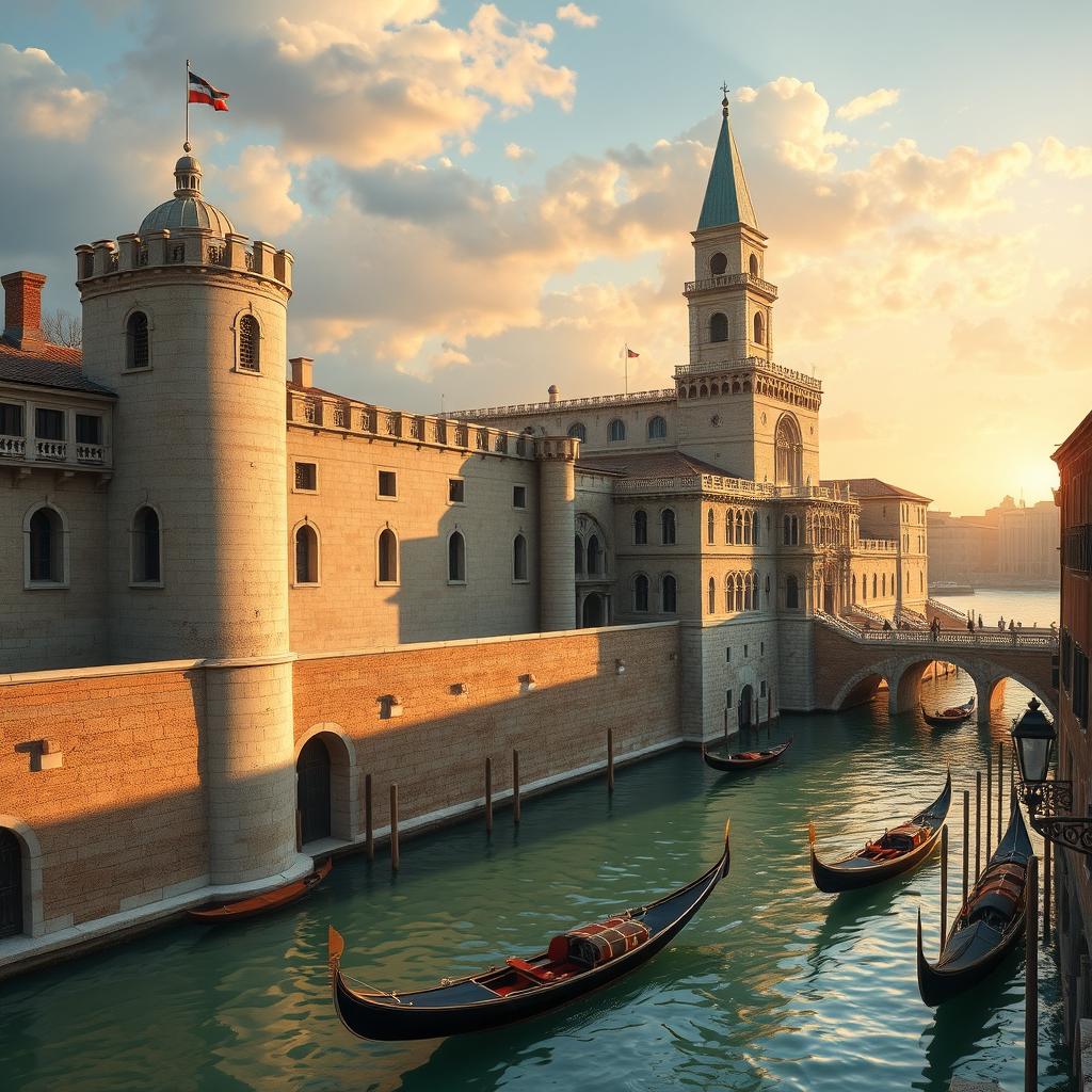 An artistic depiction of the historic defenses of Venice, showcasing the intricate architecture of fortifications, including thick stone walls, battlements, and watchtowers overlooking the canals