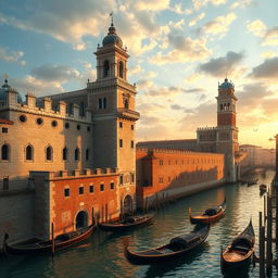 An artistic depiction of the historic defenses of Venice, showcasing the intricate architecture of fortifications, including thick stone walls, battlements, and watchtowers overlooking the canals