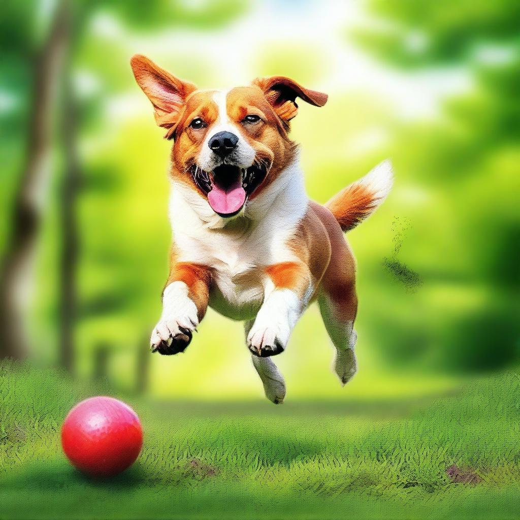 A high-quality digital art image of a playful dog in a vibrant outdoor setting