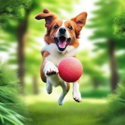 A high-quality digital art image of a playful dog in a vibrant outdoor setting