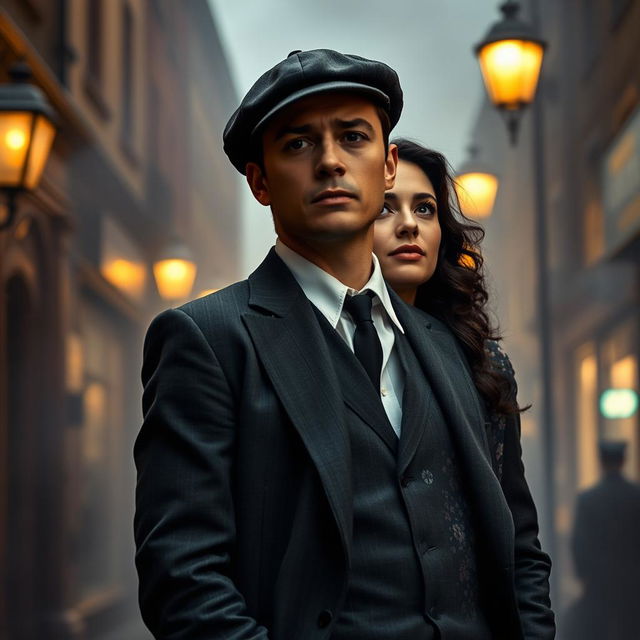 A dramatic scene featuring Tommy Shelby, a character dressed in a tailored dark gray suit, with a crisp white shirt and a stylish flat cap