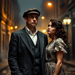 A dramatic scene featuring Tommy Shelby, a character dressed in a tailored dark gray suit, with a crisp white shirt and a stylish flat cap