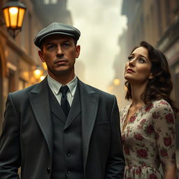 A dramatic scene featuring Tommy Shelby, a character dressed in a tailored dark gray suit, with a crisp white shirt and a stylish flat cap
