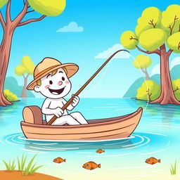 A whimsical cartoon scene featuring a cheerful white character sitting on a small boat fishing