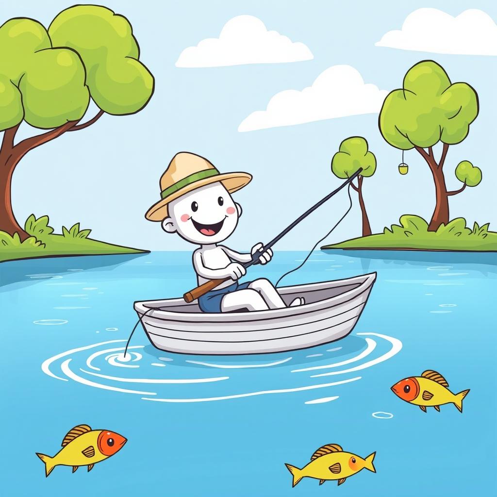 A whimsical cartoon scene featuring a cheerful white character sitting on a small boat fishing