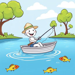 A whimsical cartoon scene featuring a cheerful white character sitting on a small boat fishing