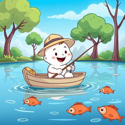 A whimsical cartoon scene featuring a cheerful white character sitting on a small boat fishing