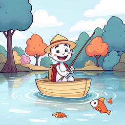 A whimsical cartoon scene featuring a cheerful white character sitting on a small boat fishing