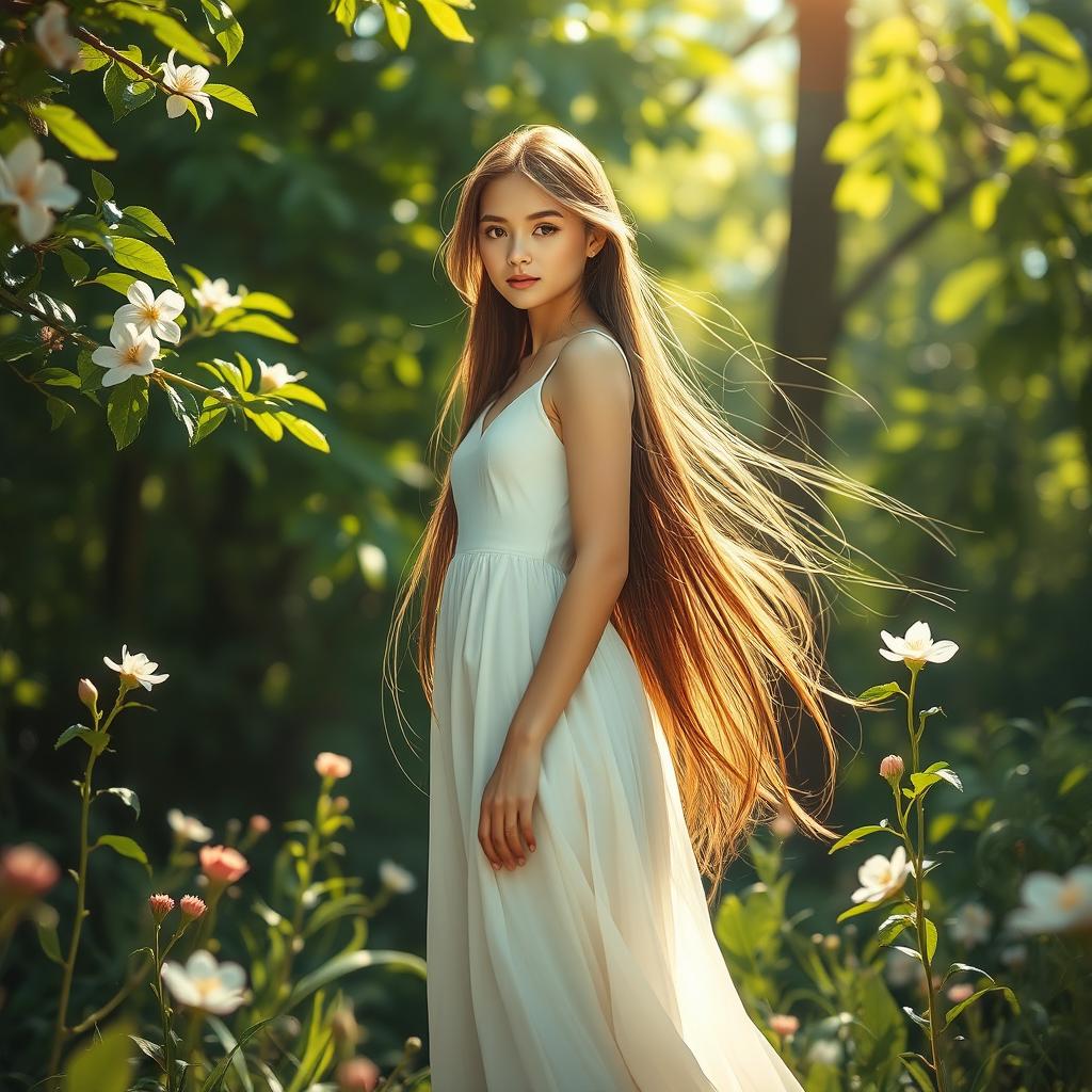 A serene and artistic depiction of a young woman standing confidently in a natural setting, the scene is tastefully composed to maintain elegance and respect