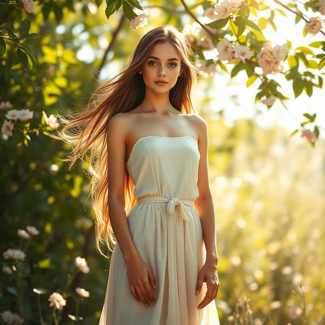 A serene and artistic depiction of a young woman standing confidently in a natural setting, the scene is tastefully composed to maintain elegance and respect