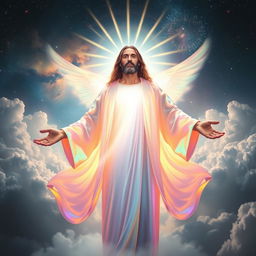A stunning, ethereal representation of a divine figure resembling God, surrounded by radiant light and heavenly clouds