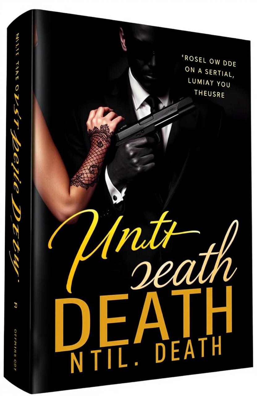 A dark and seductive book cover titled 'Until Death', featuring an enigmatic man in a suit with his face hidden, holding a gun