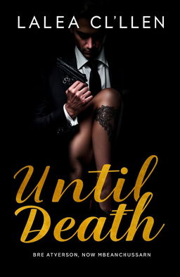 A dark and seductive book cover titled 'Until Death', featuring an enigmatic man in a suit with his face hidden, holding a gun