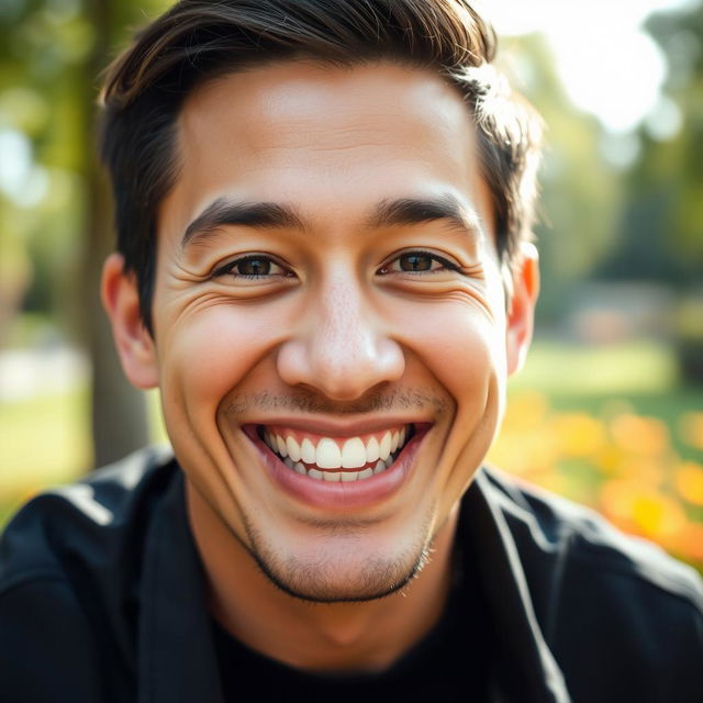 A close-up portrait of a man with an infectious smile, showcasing bright white teeth