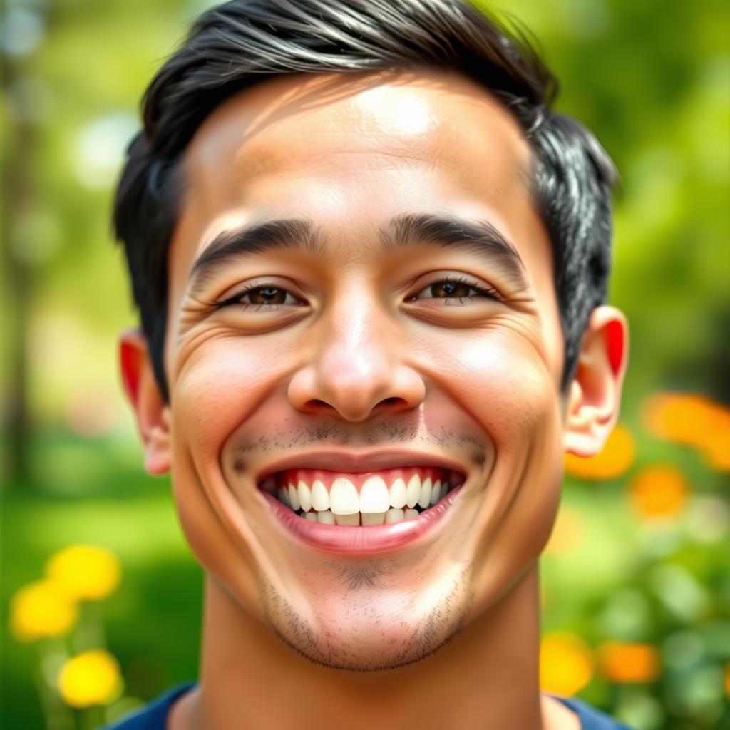 A close-up portrait of a man with an infectious smile, showcasing bright white teeth