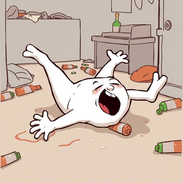 A white cartoon character collapsing on the floor after getting drunk