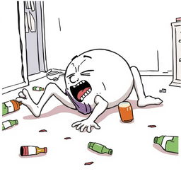 A white cartoon character collapsing on the floor after getting drunk