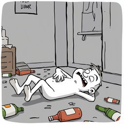 A white cartoon character collapsing on the floor after getting drunk